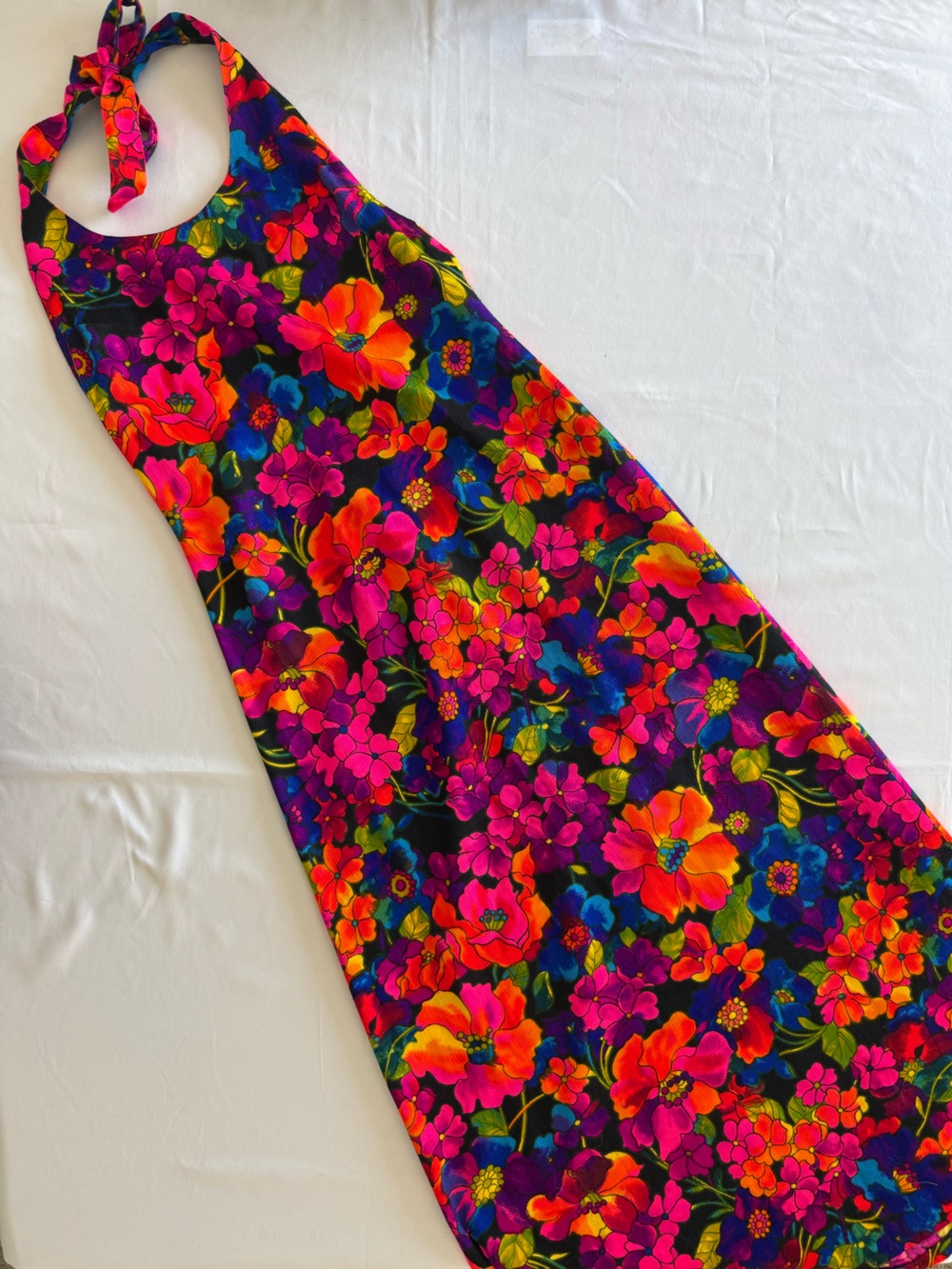 Vintage Vibrant Floral Halter Maxi Dress - Bright Pink & Orange Flowers - Picture 2 of 7